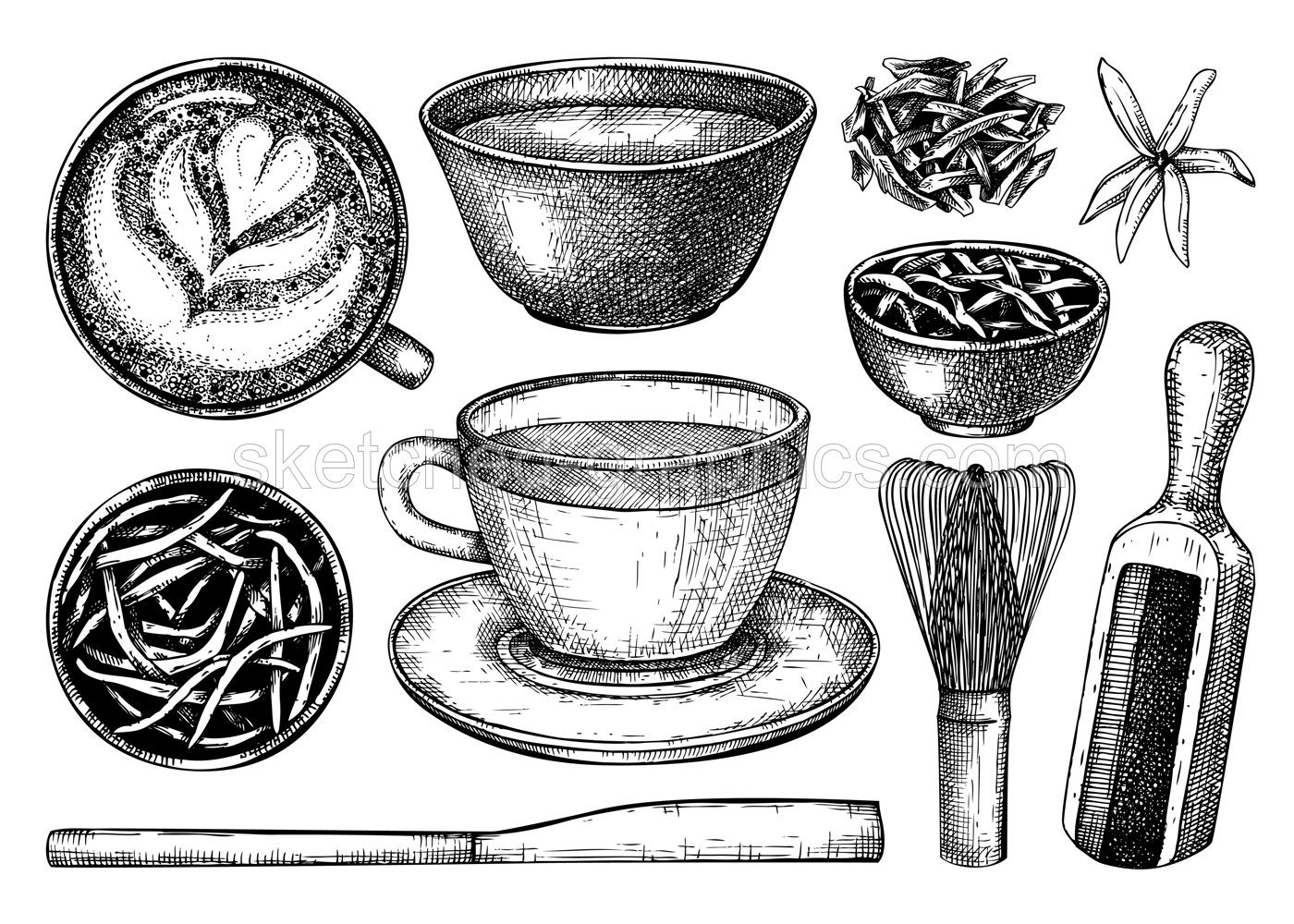 Hand-sketched green and white tea mug illustrations. Vector sketches of hot drink in an glass teacups, dried leaves, jasmine blossoms drawings isolated on white Illustration
